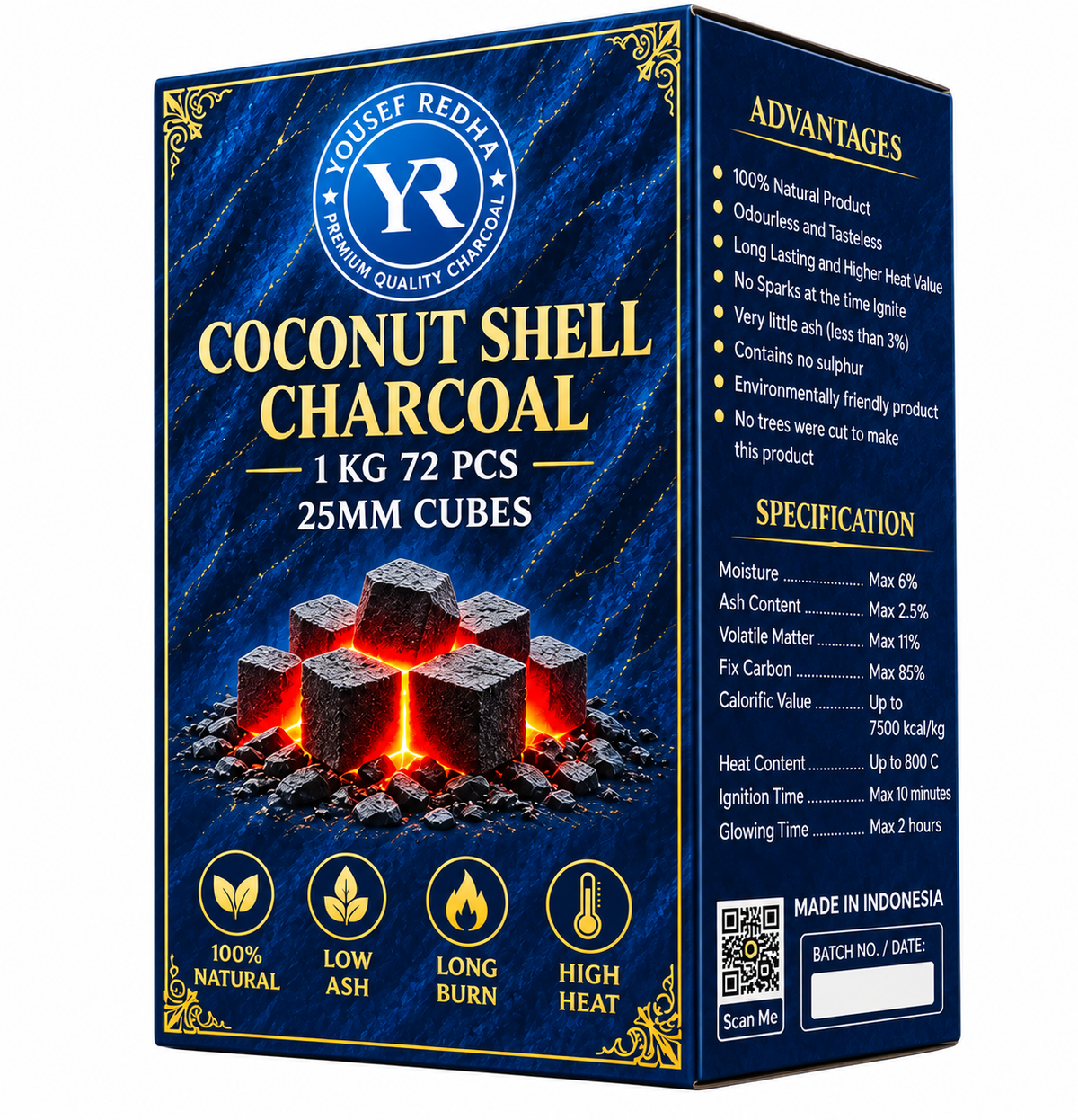 Yousef Redha Premium Coconut Shisha Charcoal – 1KG | 72 x 25mm Cubes