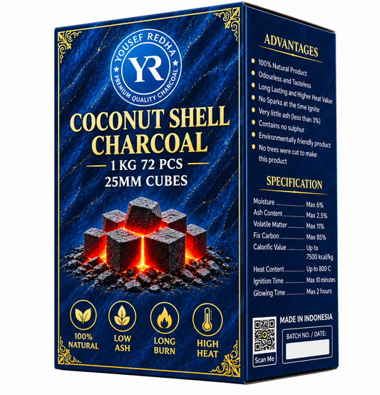 Yousef Redha Premium Coconut Shisha Charcoal – 1KG | 72 x 25mm Cubes